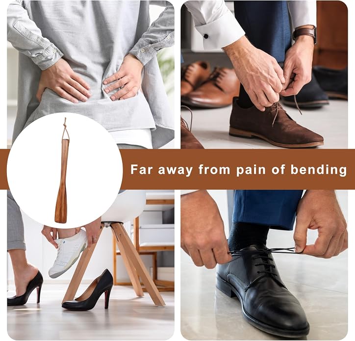 9.9" Wooden Shoe Horn Short Handle Wood Shoehorn with Leather Lanyard Lazy Aid Tool Travel Shoehorns for Men Women Seniors Pregnancy