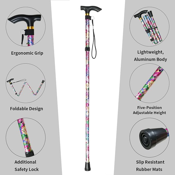 Folding Canes for Men and Women, Floral | 5-Level Adjustable Height, Lightweight Collapsible, Aluminum, Wrist Strap, T Handle, Walking Sticks for Seniors Adults