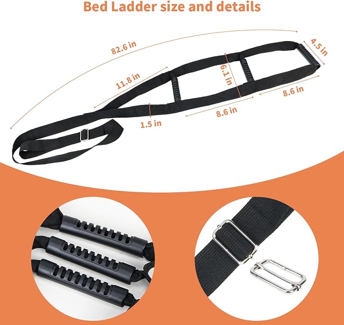 Munzong Bed Ladder Assist Black Pull Up - Sit Up Assist Device, Assistive Bedside Straps with Handle Strap, Portable Rope Beds Ladder Helper for Elderly Senior Injury Handicap Patient Pregnant