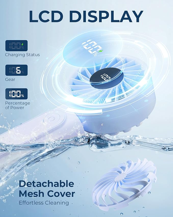Peiyuu Portable Fan, 4000mAh Rechargeable, 180° Foldable Mini Desk Fan with 6 Wind Speed, LCD Digital Display, Lanyard as Neck Fan, Ultra Quiet, Pocket Size for Indoor Outdoor