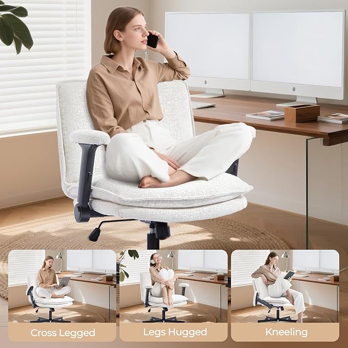 Criss Cross Chair with Flip-Up Arms and Lockable Wheels, Plush Fabric Cross Legged Office Desk Chair，Wider 125°Tilting Adjustable Swivel Chai r for Home, Apartment, Bedroom,Pearl White
