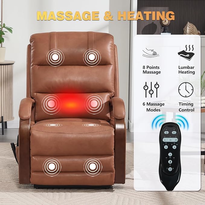 Trustyue Power Lift Recliner Chair, 180° Lay Flat Recliner, Lift Chair with Massage and Heat, Standing Assistance, Living Room Chair for Elderly People (Faux Leather Orange)