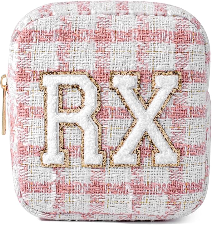 uekeboag Personalized Small Checkered Medicine Cosmetic Bag, Cute Plaid Pattern Chenille Letter Patch RX Drug Pouch with Zipper, Makeup Travel Gift Bag for Women and Girls (08 Pink Checkered)