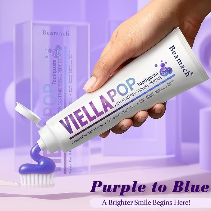 VIELLA POP Purple Toothpaste, Active Antimicrobial Peptide Purple to Blue Foam Whitening Toothpastes with Niacinamide, Fluoride Free, Passion Fruit & Mint Flavor, Appropriate for Sensitive Teeth (1)