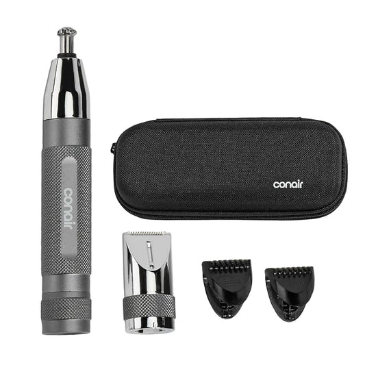 Conair Cordless Nose Ear and Eyebrow Trimmer Grooming Kit | 5-Piece Metal Grooming Kit with Patented 360° Bevel Blade for Safe Trimming, Metallic, PG7500R
