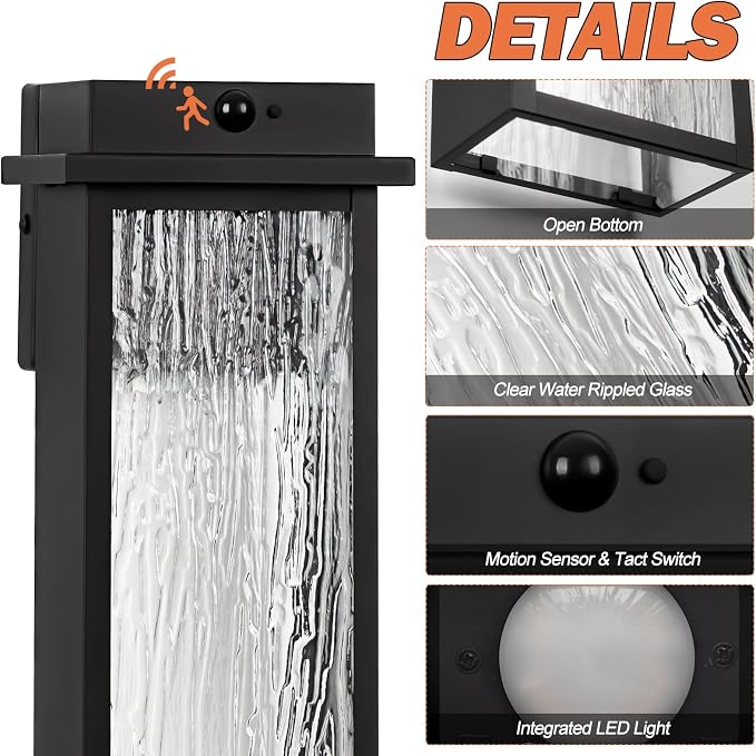 VenzBlomia 16” Black Motion Sensor Outdoor Lights for House Garage 2 Pack | Modern LED Dusk to Dawn Outdoor Lighting Waterproof, Brightness Porch Lights with Water Rippled Glass, Easy Installation