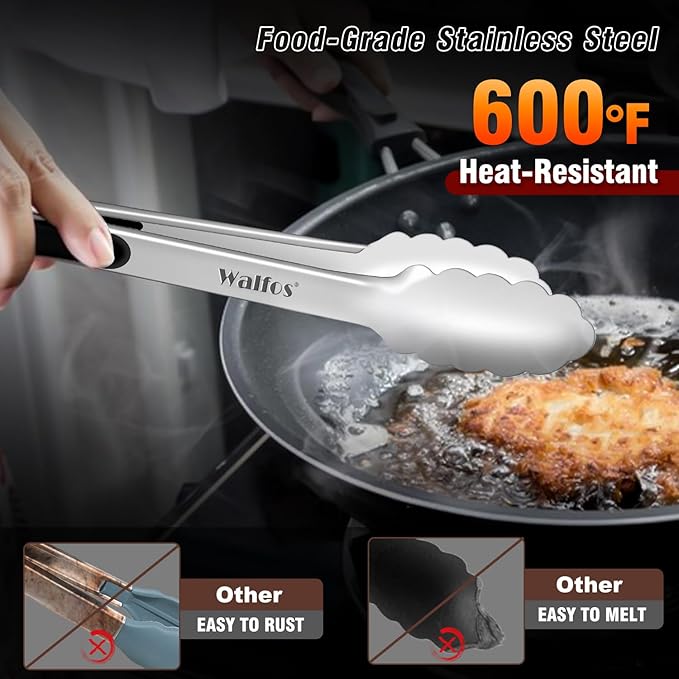 Walfos Extra Long Grill Tongs - Heavy Duty Metal Tongs - 16 & 12 inch Great for Grilling,BBQ/Barbecue,Cooking - Stainless Steel and Non-Slip Heat Resistant Silicone Handle (Set of 2)