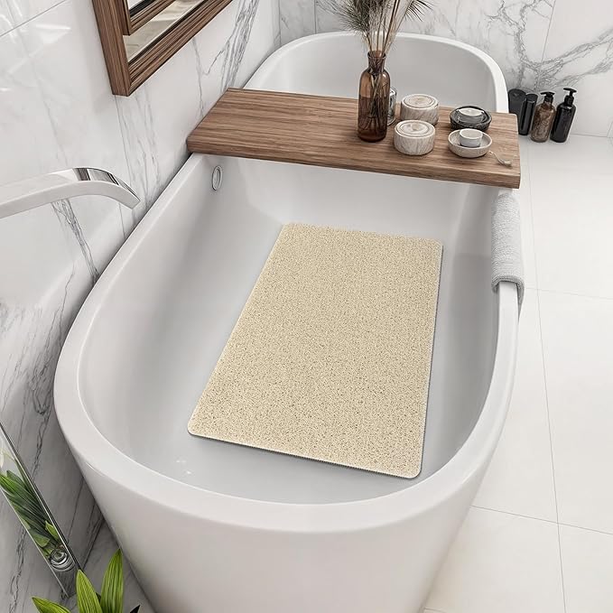 Bathtub Mat Non Slip, 32x20 Inch Shower Mats for Inside Shower, PVC Loofah Bathroom Mat Quick Dry with Drain Hole, Phthalate-Free Bath Mats for Shower Bathroom Tub and Wet Areas (Beige)