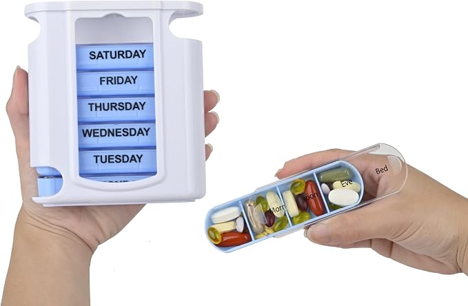 7 Day Pill Box Organizer, Hard Case with Embedded Magnet, 7 Stackable Trays, Perfect for Travel and Home Use.