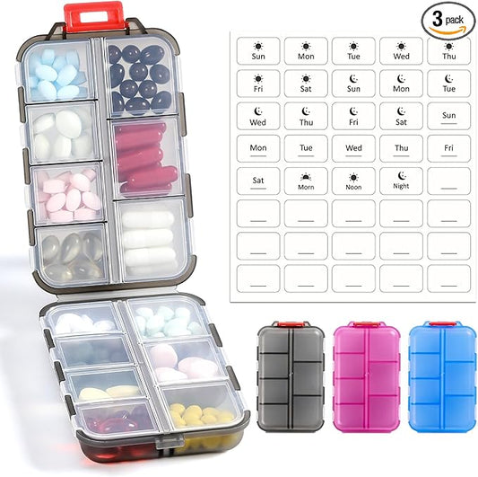 3 Pack 14 GRIDS Travel Pill Organizer Box with Labels - Travel Medicine Case Kit - Pocket Daily Pharmacy Container - Travel Medication Holder Dispenser for Fish Oil Vitamin Supplement Storage - Clear