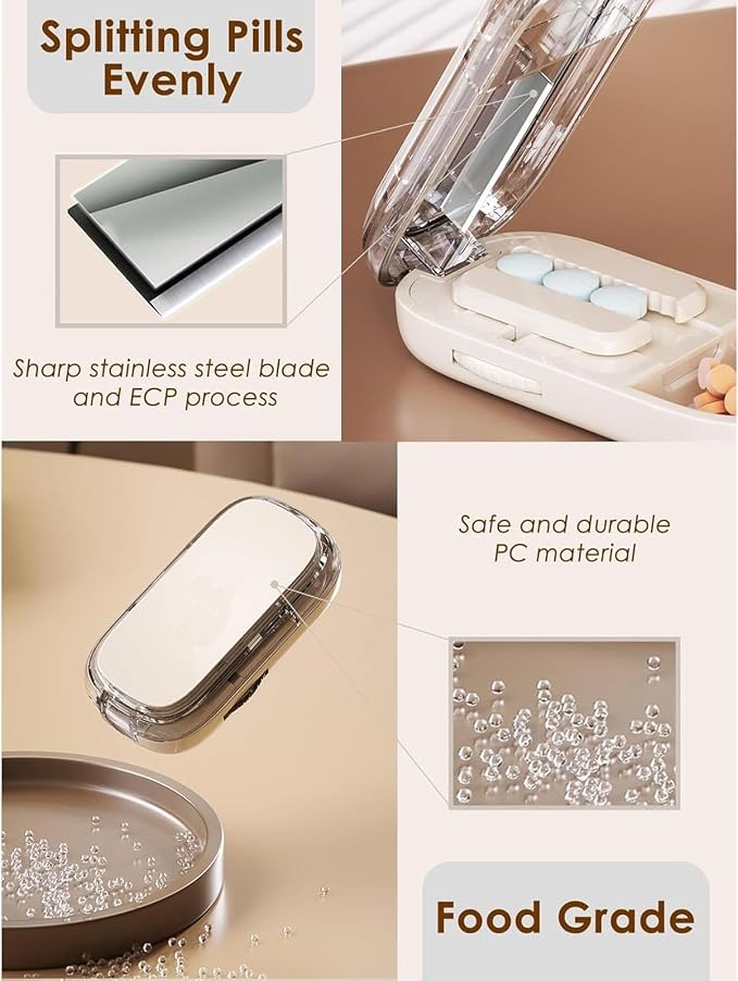 Pill Cutter for Cutting Multiple, 1/2 1/4 Pill Splitter for Large, Small and Tiny Pills, Portable Pills Cutter,Storage Organizer, Accurate Centering Alignment Device (White)
