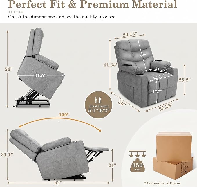 Electric Power Lift Recliner Chair for Elderly, Lift Recliner Chair with Massage and Lumbar Heat, 150° Reclining Chair with Cup Holders, Side Pockets and Remote Control, Ideal for Living Room (Grey)