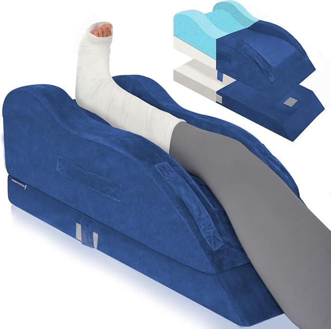 KingPavonini Adjustable Leg Elevation Pillows for After Surgery, Ergonomic Curve Keeps Knee Straight, Memory Foam Leg Pillow Elevation for Blood Circulation, Swelling and Pain Relief (Blue)