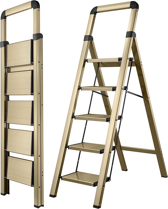 Step Ladders Folding 5-Step Champagne Gold Finish Aluminum Foldable Step Stool,Anti-Slip Portable Sturdy for Home & Kitchen Office 330 lbs