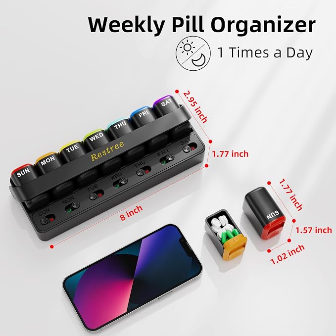 Restree Weekly Pill Organizer 7 Day, Large Capacity Pill Box with Reminder Indicator, Easy Slide Open Detachable Travel Pill Case for Vitamins Supplements & Daily Medications (Black)