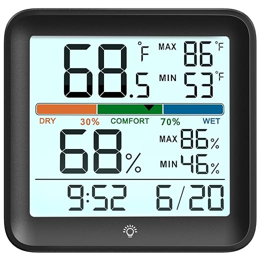 Indoor Digital Thermometer Hygrometer, Room Temperature Humidity Monitor | Accurate with Calibration, Backlight, Air Comfort Indicator, 24H Max Min Records, Time, Date (AAA Batteries Included)