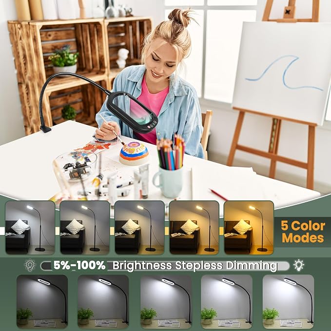 12X Magnifying Glass with Light and Stand, Rectangular Real Glass Lens, 5 Color Modes, Stepless Dimmable, 24" Flexible Gooseneck 3-in-1 Floor Lamp, Lighted Magnifier Hands Free for Craft Hobby Reading