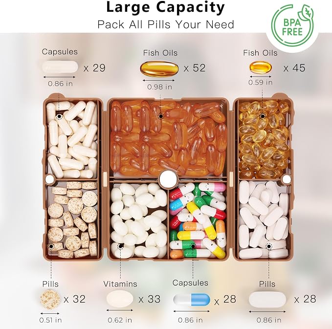 FYY Daily Pill Organizer,2 Pcs 7 Compartments Portable Pill Case Travel Pill Organizer,[Folding Design] Pill Box for Purse Pocket to Hold Vitamins,Cod Liver Oil,Supplements and Medication-Brown