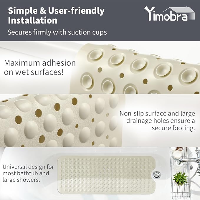 Yimobra Non Slip Bathtub Mat 40 x 16 Inch, Extra Long Shower Mat with Drain Holes, Machine Washable Baby Bath Mats, Strong Suction Cups for Bathroom Floor, Beige