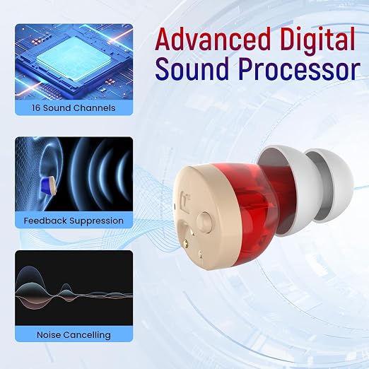 Saban OTC Digital Hearing Aids,Nearly Invisible Hearing Amplifiers | Rechargeable, with Noise Cancelling, for Hearing Loss, Red & Blue