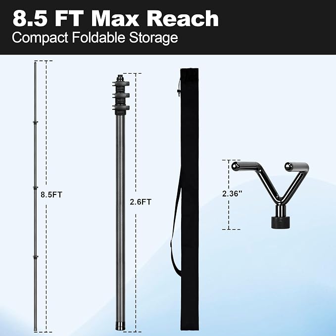 8.5FT Carbon Fiber Extendable Pickup Truck Bed Reach Tool | 100% carbon fiber telescopic pole, 40% lighter to reduce muscle fatigue, anti-corrosion, fits all pickup sizes & all SUVs