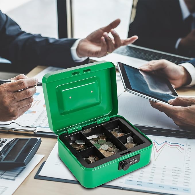 xydled Cash Box with Money Tray,Locking Cash Box with Combination Lock,Money Box with Removable Coin Tray,Medium,9.84 inchx 7.87 inchx 3.54 inch,Green