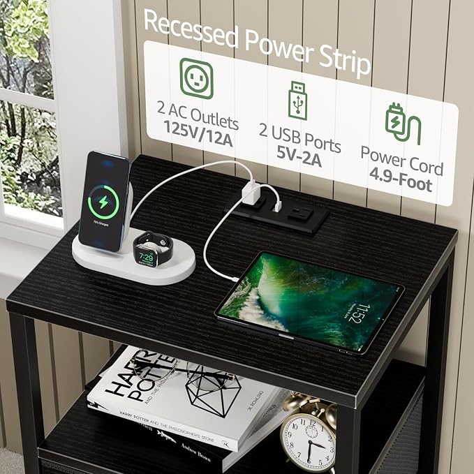 BOLUO Tall Night Stand with Drawers, Black Nightstand with Charging Station and LED Light, Small White 4 Drawer Dresser for Bedroom, Room Storage Closet