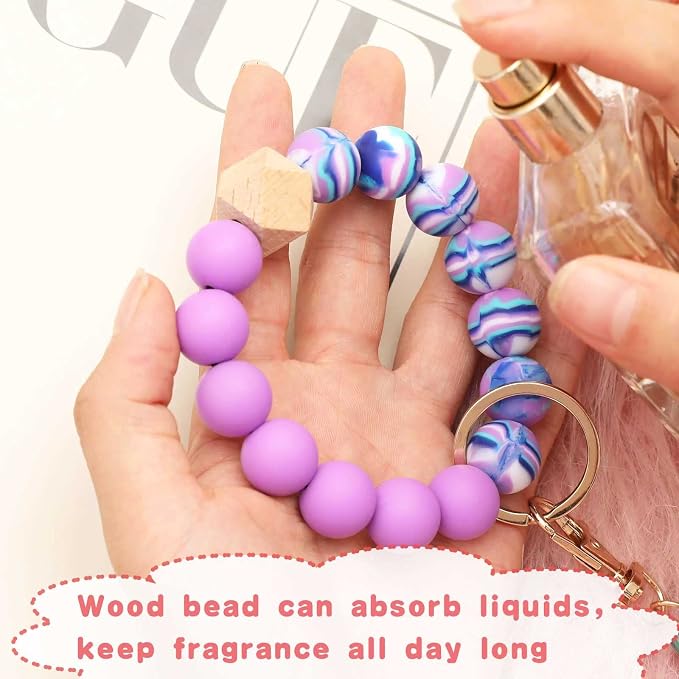 BAOSIWA Silicone Beaded Bracelet Keychain Wristlet Key Ring Bangle Chains for Women with Leather Tassel