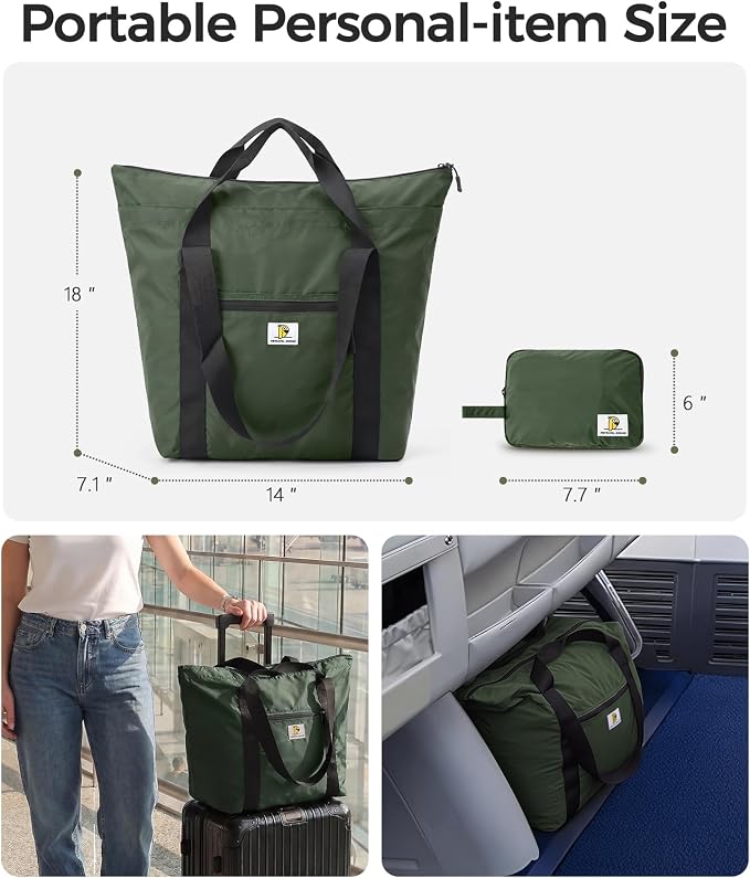 Foldable Travel Bag, 26L Duffle Bag for Travel, Expandable Second Carry-On Bag for Travel & Shopping, Water-Resistant Personal Item Bag, Dark Olive