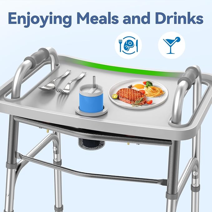 Loyoda Folding Walker with Tray, 5" Wheels Lightweight Walkers for Seniors and Adults, Supports Up to 350 Pounds, Adjustable Height, Compact Standard Walker, Silver