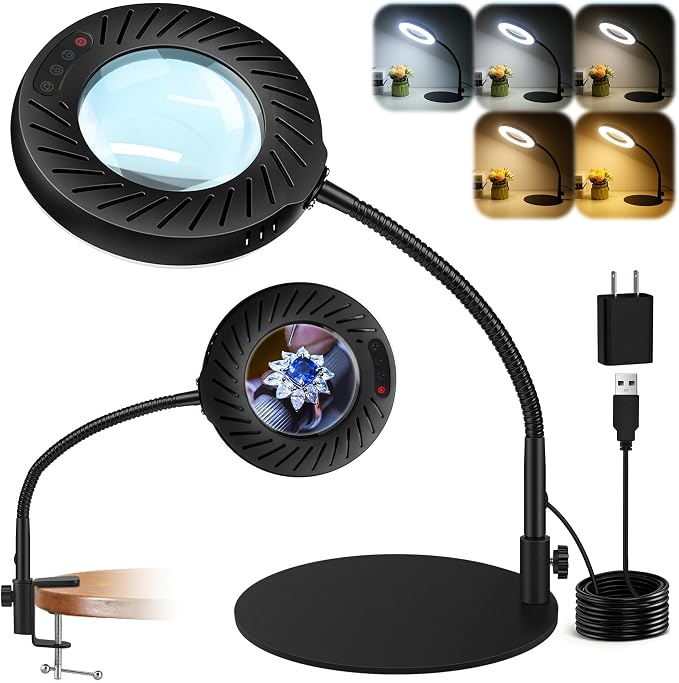 12X Magnifying Glass with Light and Stand, LED Magnifying Lamp with Clamp | 5 Color Modes, Stepless Dimmable, Flexible Gooseneck, for Diamond Painting and Small Craft Work Hobby Reading Sewing