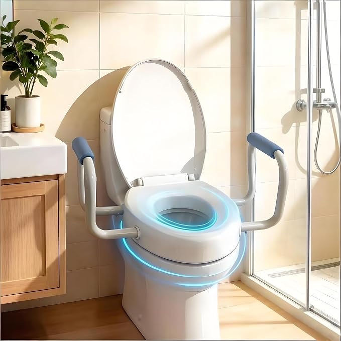 Toilet Seat Riser with Handles, 395lb Heavy-Duty Elevated Toilet Seat Elongated - 2.91" Raised V-Shaped Toilet Seat with Arms, Quick Release, Soft Close, Non-Slip, Universal Fit for Bathroom Safety