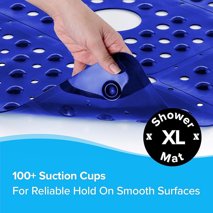 SlipX Solutions 27" Oversize Square Shower Mat, Non-Slip Mat for Elderly & Kids, 100+ Power Grip Suction Cups for Smooth Surfaces, Machine Washable, Solid Navy Blue