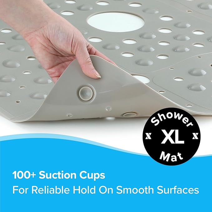 SlipX Solutions 27" Oversize Square Shower Mat, Non-Slip Mat for Elderly & Kids, 100+ Power Grip Suction Cups for Smooth Surfaces, Machine Washable, Solid Tan