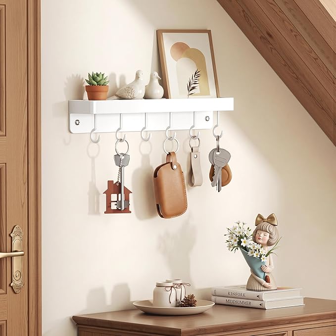 niffgaff White Key Holder Wall Mount, Stainless Steel Self Adhesive Hooks Rack with Shelf, No Drill Key Hanger for Door and Wall