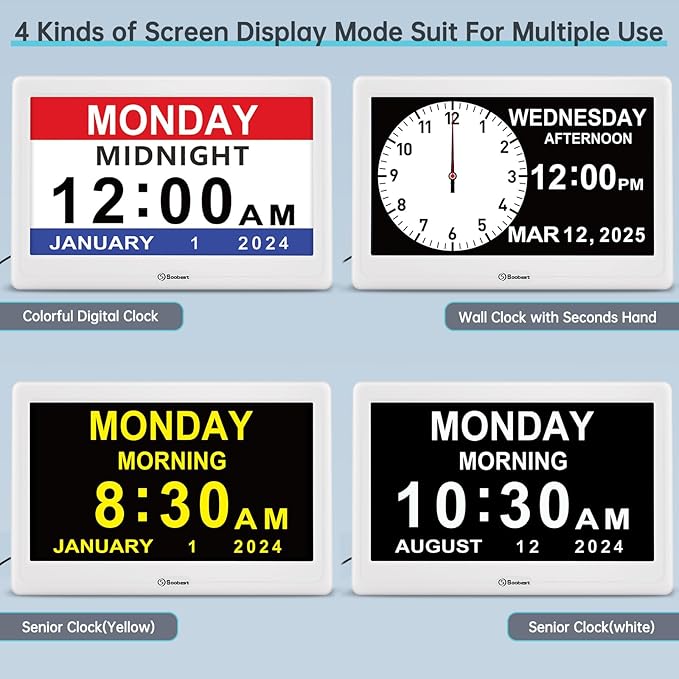 Soobest 12” Dementia Digital Clock for Seniors Extra Large, 20 Alarm Reminders Date Day Time Display for Elderly Memory Loss Alzheimers, Electric Calendar Clock, Auto DST, 1024 * 600P HD