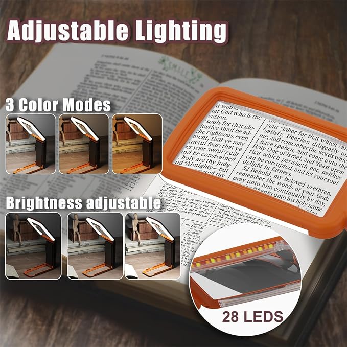 15X Magnifying Glass with Light and Stand, Real Glass Lens, Rechargeable Foldable Handheld Magnifier, 3 Color Modes Dimmable Lighted Page Magnifier for Reading Fine Prints Seniors, Orange Black