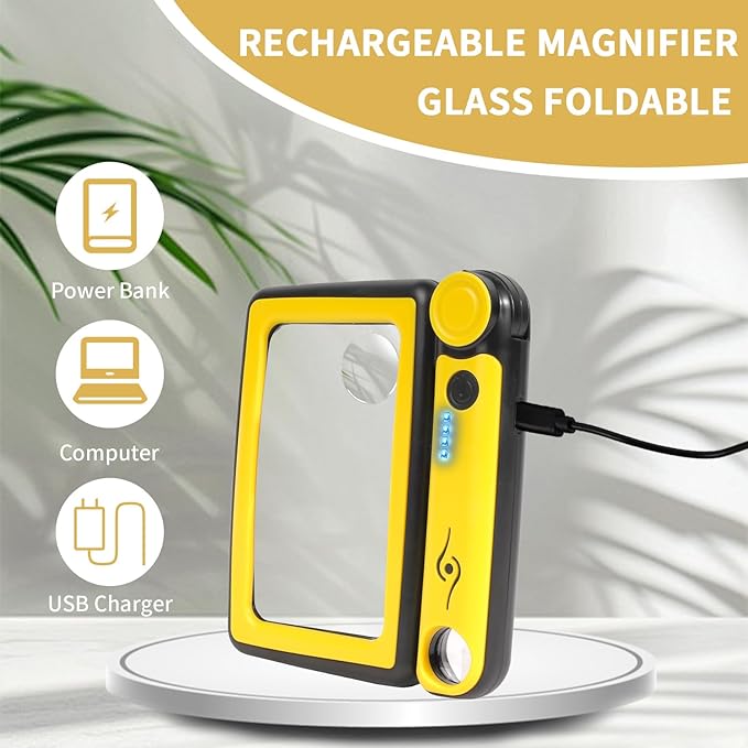 Magnifying Glass with Light, 5X 10X 45X Rechargeable Magnifier with 20 LED, 3 Light Modes Folding Lighted Magnifying Glass Handheld for Seniors Low Vision Reading (Yellow & Black)