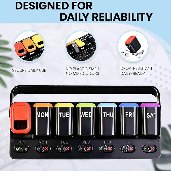 Weekly Pill Organizer with Taken/Untaken Tracker, 7 Day Daily Pill Box for Vitamins Medication Supplements, Large Compartments, Easy Open Leak-Proof Portable Travel Pill Container, BPA Free,Black