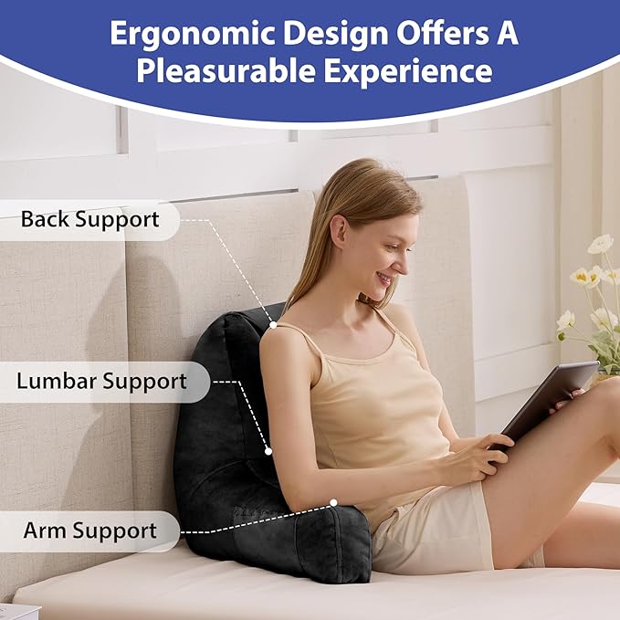 Reading Pillows for Sitting in Bed Adult, Back Pillow for Bed Sitting Up, Backrest Pillows with Shredded Foam for Adult&Teens, Support Pillow with Arms for Beds, Couch, Floor, 24in, Black
