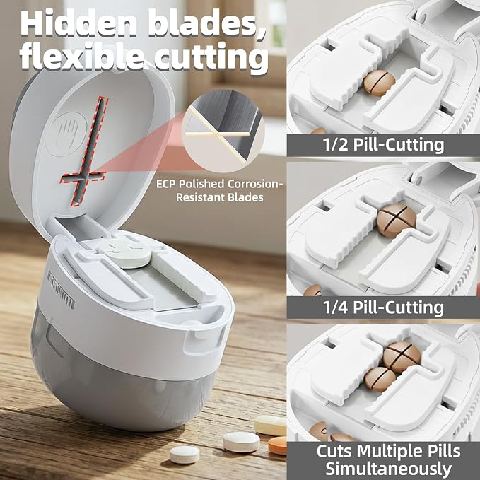 Pill Cutter Splitter with Storage Box, Adjustable Vertical Press Pill Splitter for Small/Tiny Pills Vitamins Tablets, 1/2 & 1/4 Precise Cutting, Hidden Sharp Blade, Multi-Pill Cutting(Off-White)