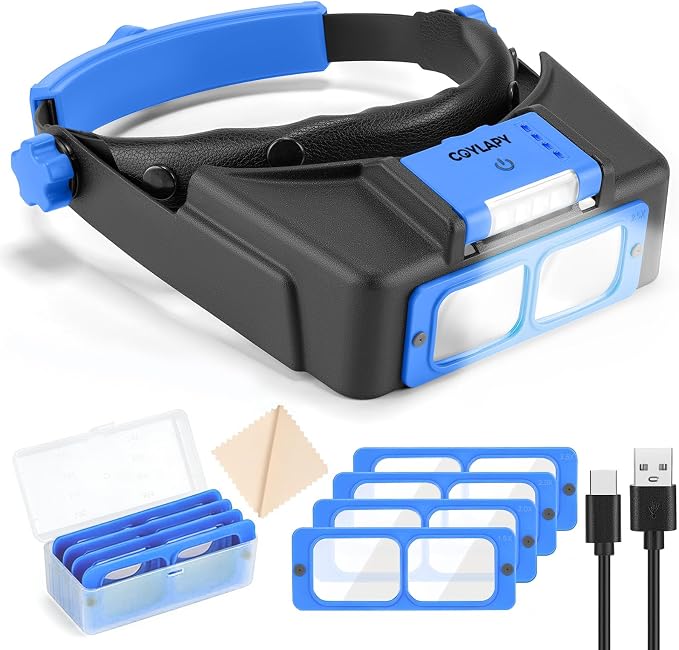 COYLAPY Headband Magnifier with Light, 1.5X-3.5X Hobby Magnifying Glasses | Rechargeable, 4 Rechangeable Lens (1.5x,2x,2.5x,3.5x), Ideal for Close Work, Repair, Jewelry, Sewing, Beading, Crafts