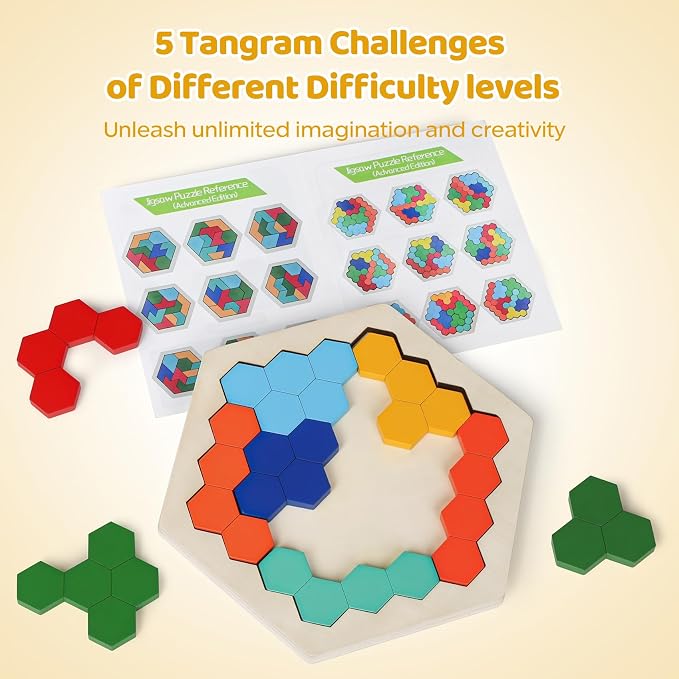 5 Pack Wooden Brain Teaser Puzzles Sets for Kids,Montessori Brain Blocks Logic Tangram Geometric Shapes Puzzle Matching Games Easter Basket Stuffers Gifts for All Ages Boys Girls