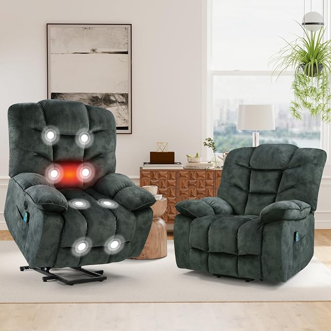 HAOMARKETS Oversized Power Lift Recliner Set of 2 with Massage and Heat for Elderly, Electric Lifting Reclining Chair with Side Pockets and USB Port for Living Room, Dark Green