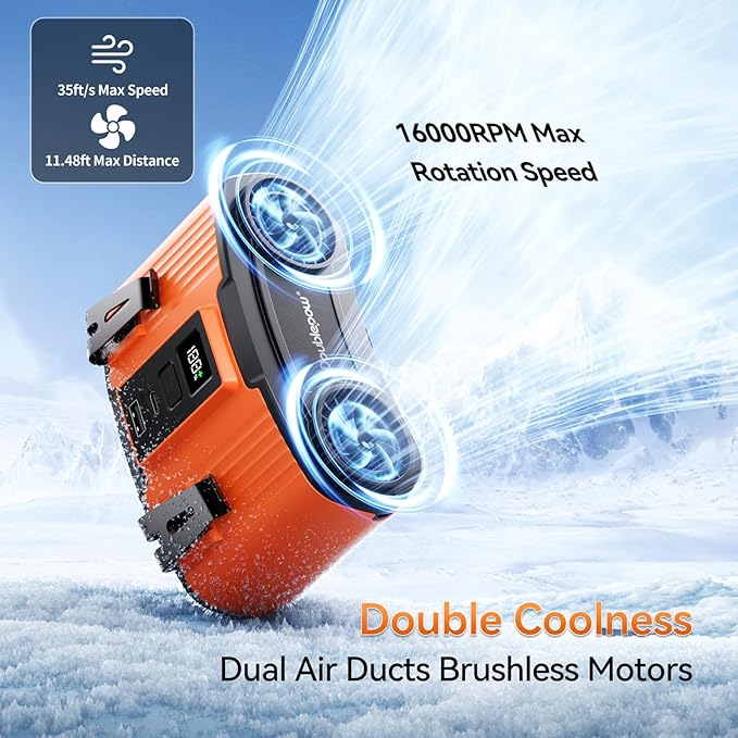 Doublepow 12000mAh Portable Waist Fan, Personal Waist Fan, Dual Air Ducts Motors, USB Rechargeable Clip On Belt for Working, 10 Speeds & 23H Wearable Neck Cooling, for Outdoor, Work, Travel (Orange)