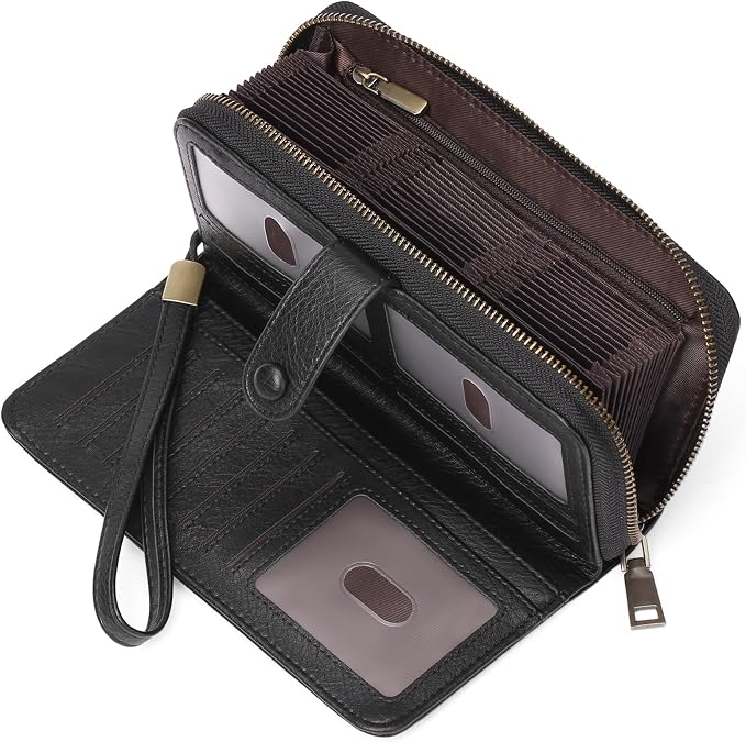 GAEKEAO Leather Credit Card Holder Wallet for Women RFID Blocking Large Capacity Bifold Zipper Card Case Organizer with Wristlet 45 Slots