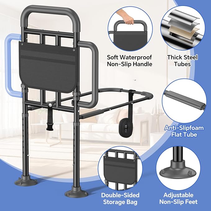 Bed Rails for Elderly Adults Safety with Non-Slip Handle，Adjustable Bed Assist Rail, ASTM Approved, 400 lb Capacity, Fixing Strap & Storage Pocket, Fits Twin/Full/Queen/King