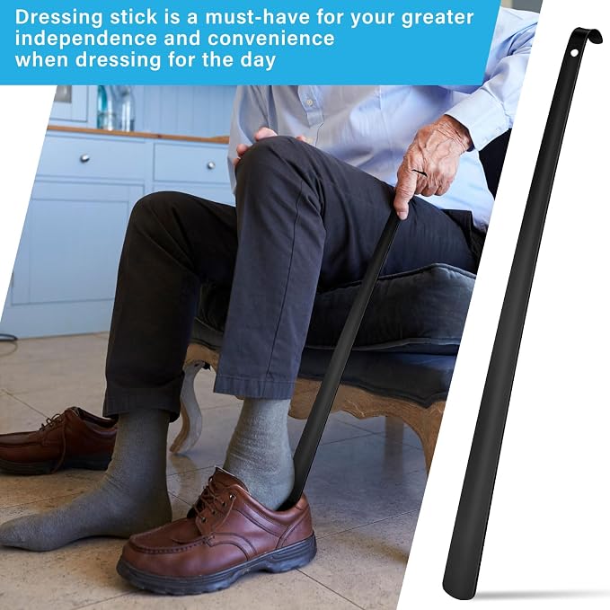 Geelin 2 Pcs 31.5'' Extra Long Handled Shoe Horn Metal Shoehorn for Men Women Multifunctional Stainless Dressing Stick for Elderly Disabled Limited Mobility, Standing Reach Assist for Senior (Black)