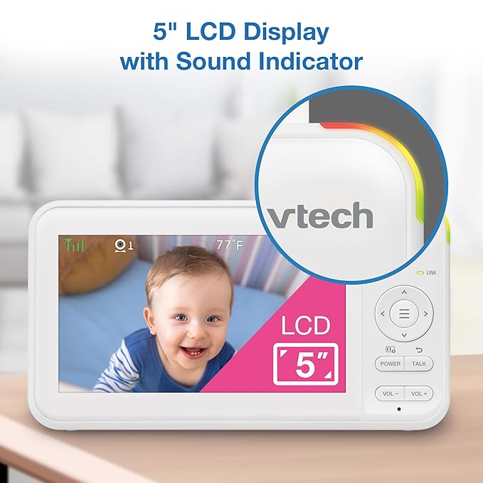 VTech 2 Cameras Video Baby Monitor with 5" LCD Screen,Up to 17Hrs Video & 31Hrs Audio, Night Vision, Pan-Tilt-Zoom, Lullabies, Soothing Sounds, Temperature Sensor,Split Screen, No WiFi: 924-2W