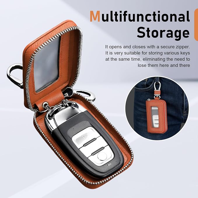 1PC Car Key Fob Case, Leather Car Key Holder for Purse, Automotive Smart Key fob Holder with Hook, for Remote Key Fob